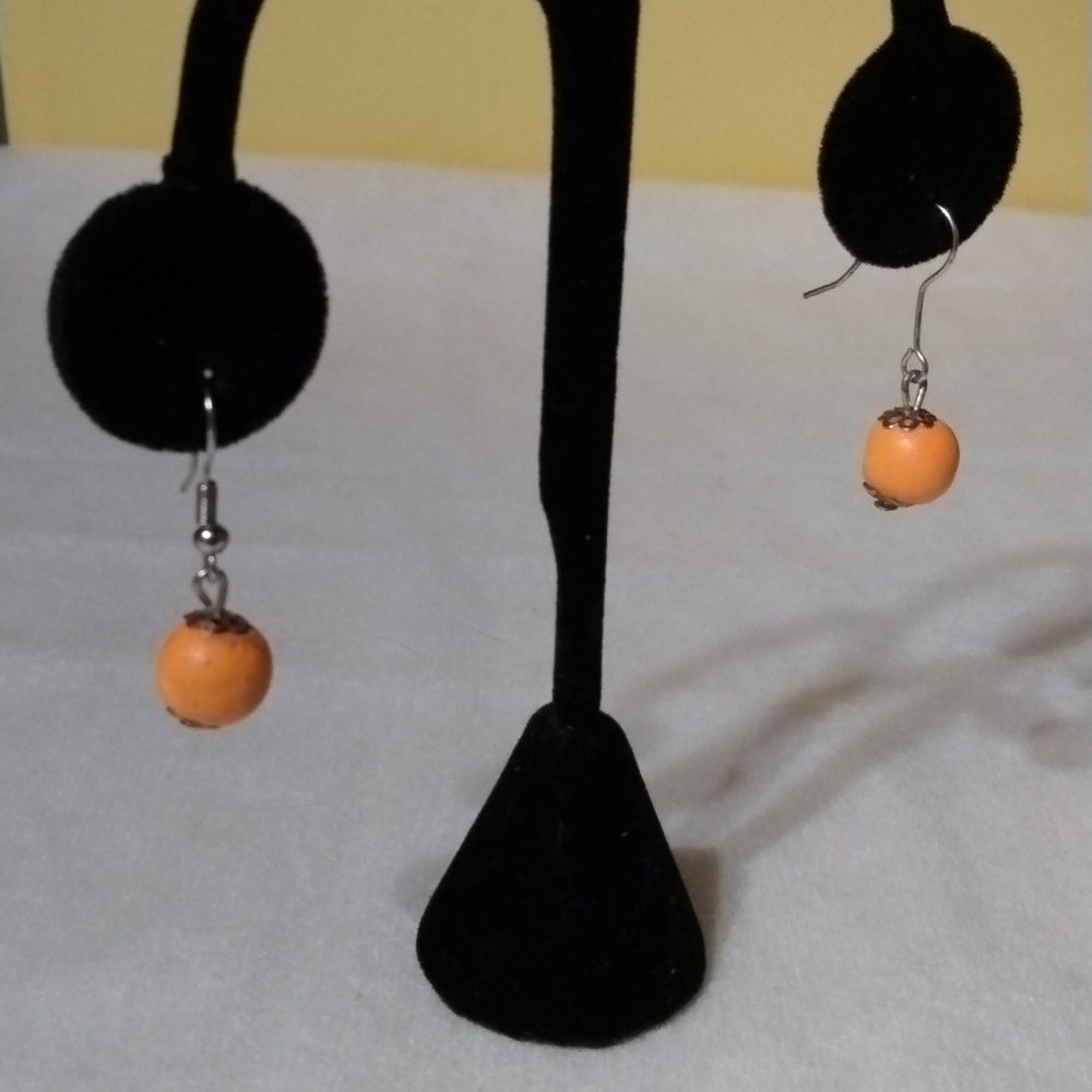 Vintage orange earrings pierced silver tone (sku 241) - Picture 3 of 4